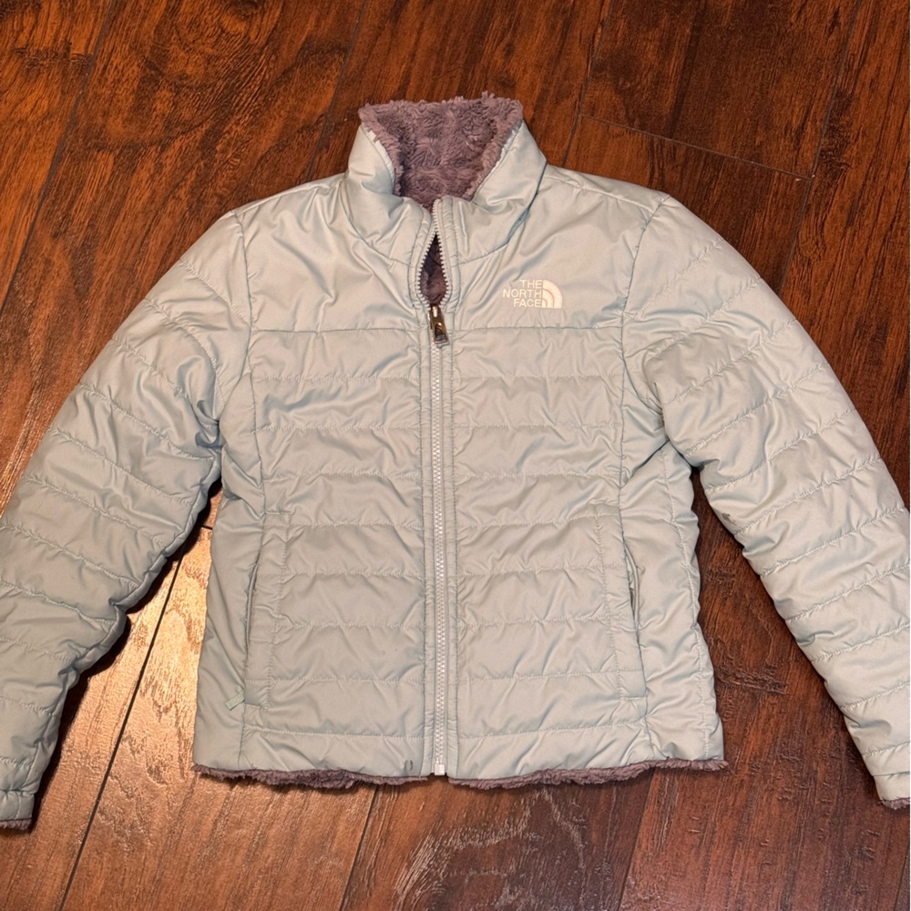 The North Face Reversible Fleece Puffer Jacket Girls Small 7 8 Blue‎ Gray